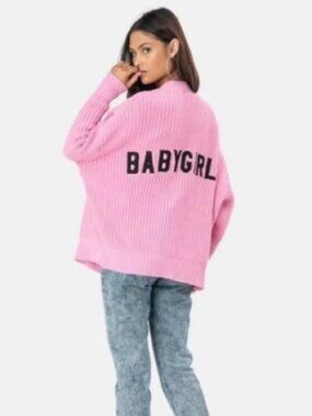 Adika Pink Knit Button Front V-Neck Long Sleeve Cardigan "BABYGIRL" Graphic OS